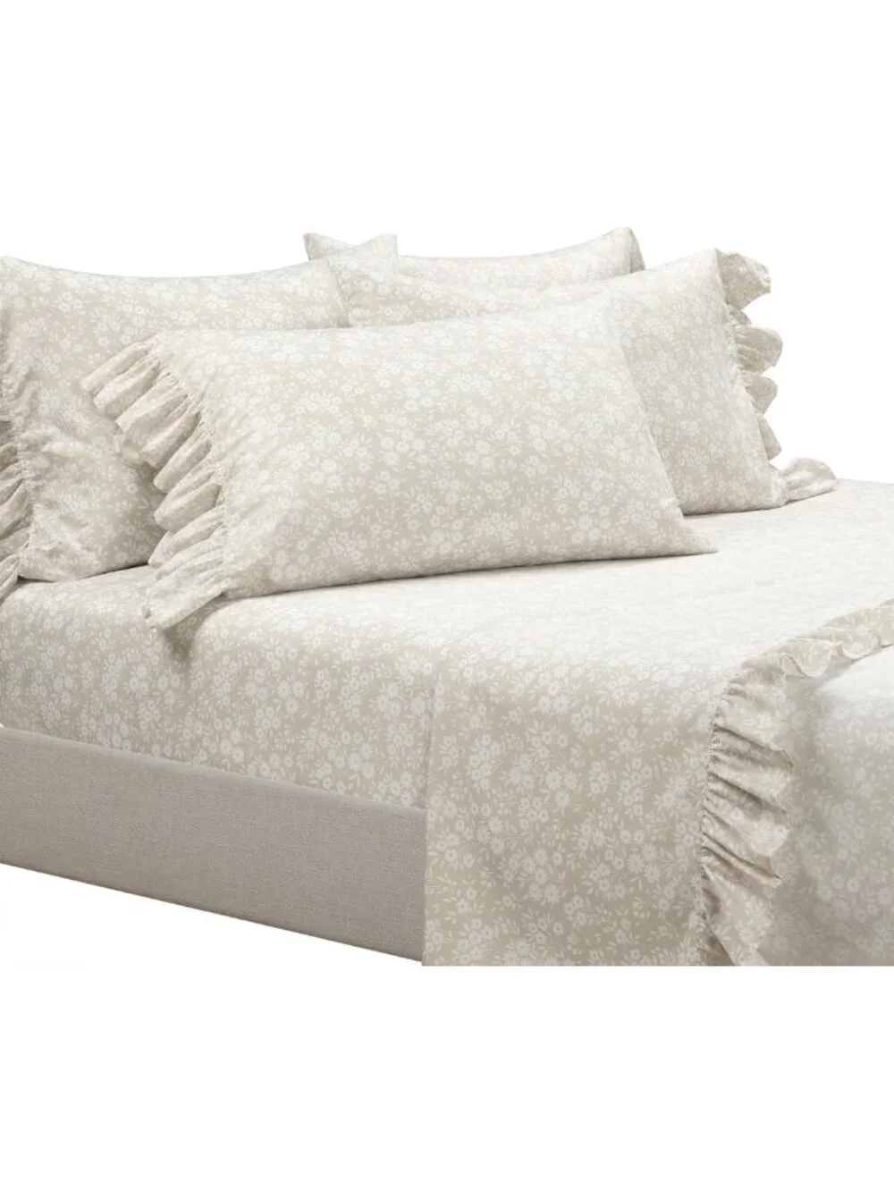 Floral Ruffle Twin XL Sheet Set - 4 Piece Neutral & White Bedding for Dorm Decor